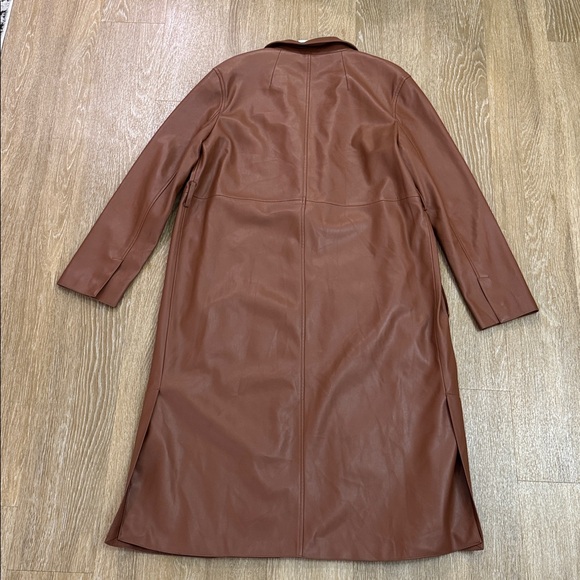 Zara Faux Leather Long Duster Blazer Top Coat Trench Jacket Cognac Brown Medium - Picture 9 of 13